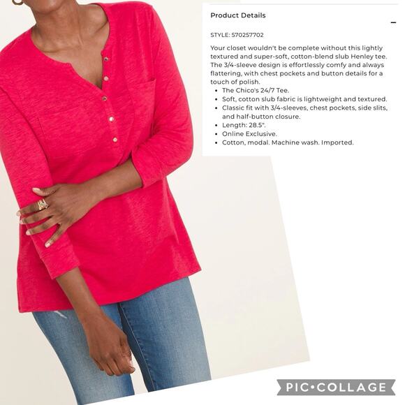 CHICO'S Cotton Blend Slub Henley Tee Pink Chico's 3 XL - Picture 2 of 7